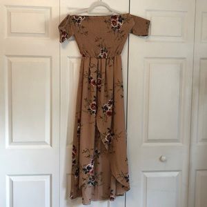 Tan & floral, double lined, high/low dress. Size M